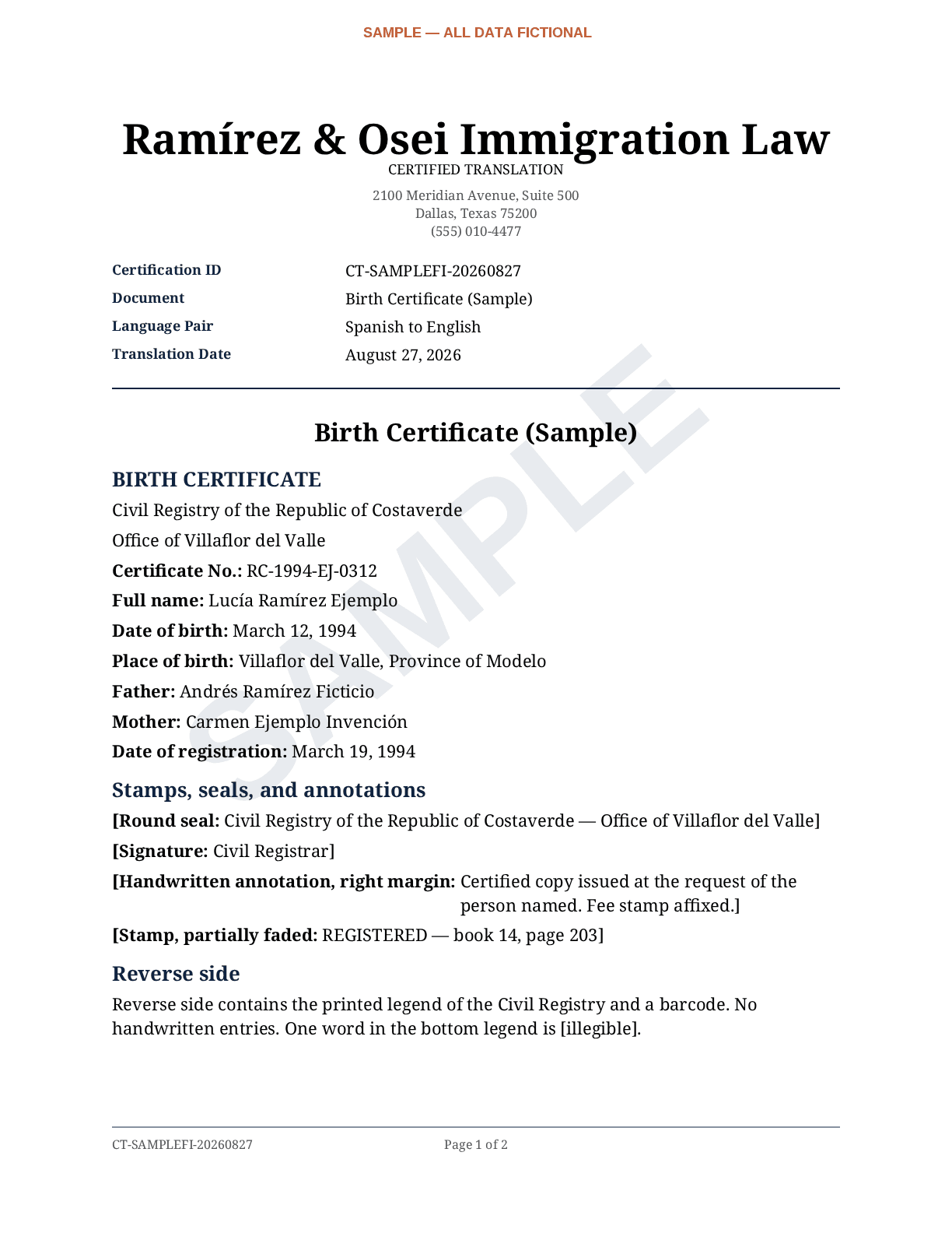 First page of the sample certified translation: the firm's letterhead, certification ID block, and the complete English translation of a fictional birth certificate